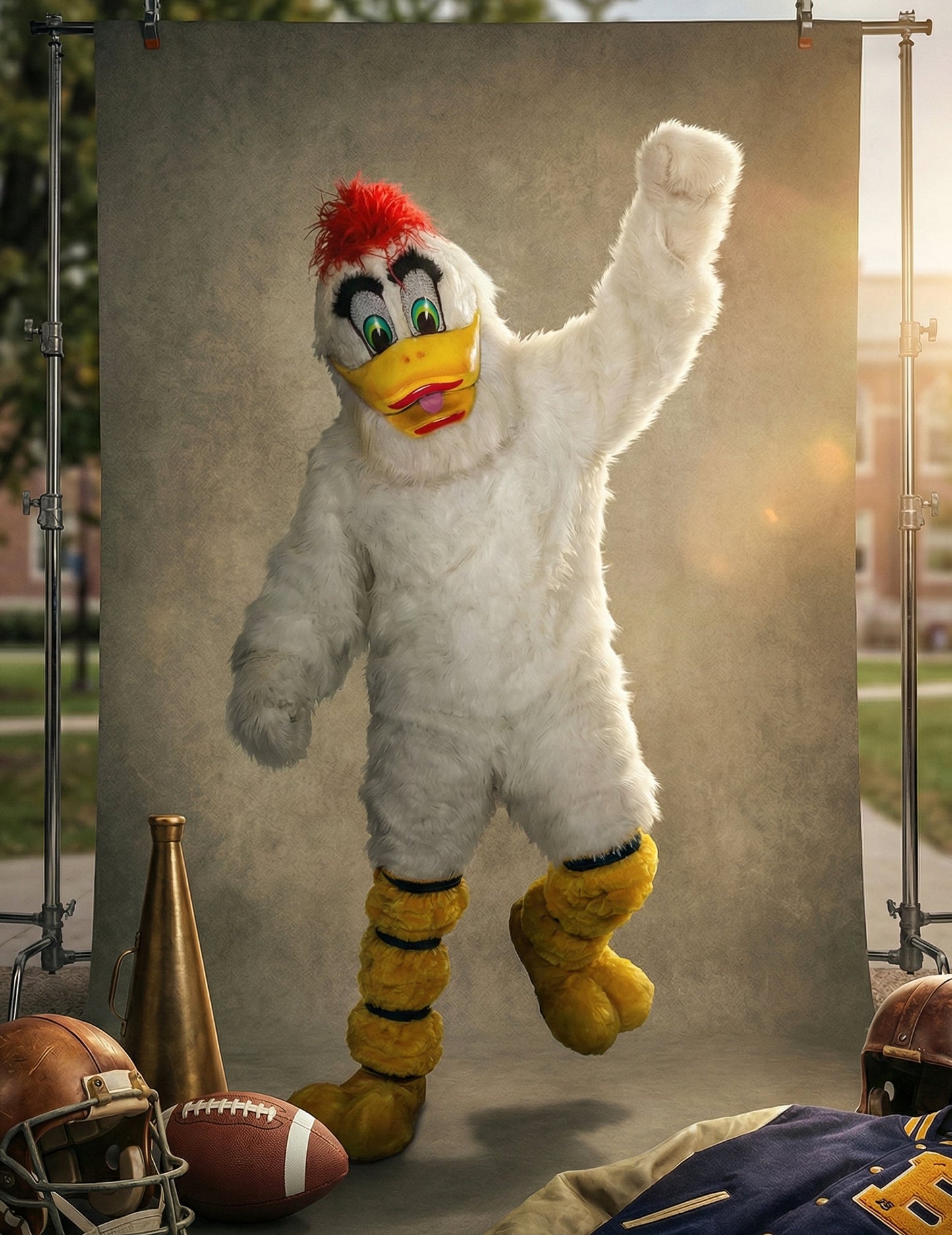 Vue d'ensemble du déguisement mascotte canard pour adulte