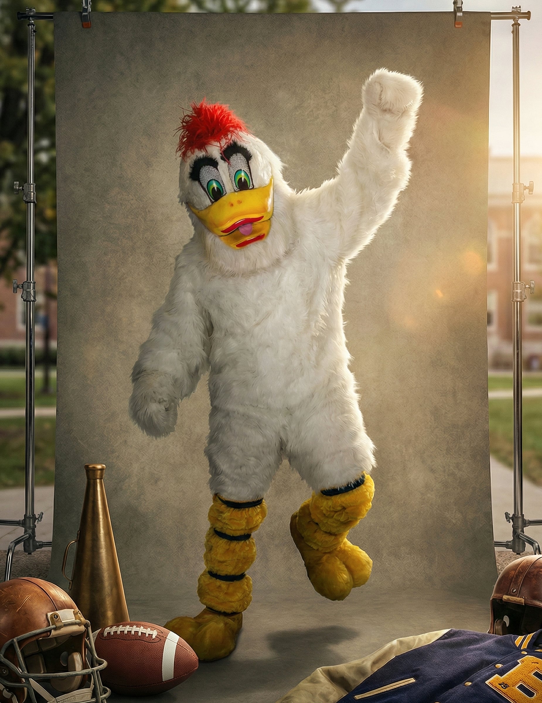 Vue d'ensemble du déguisement mascotte canard pour adulte