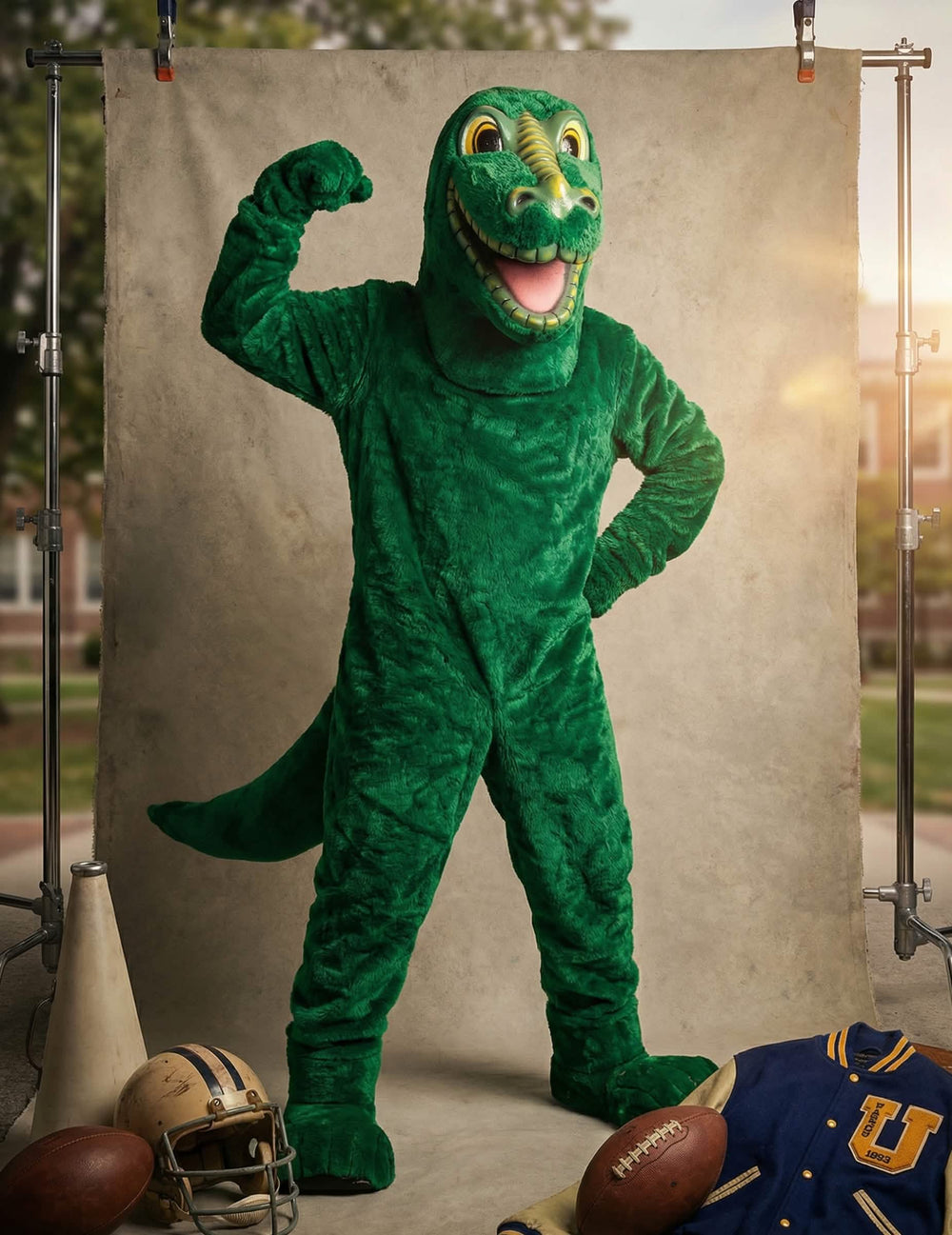Dinamična poza s dodacima za sport kostima maskote dinosaurus