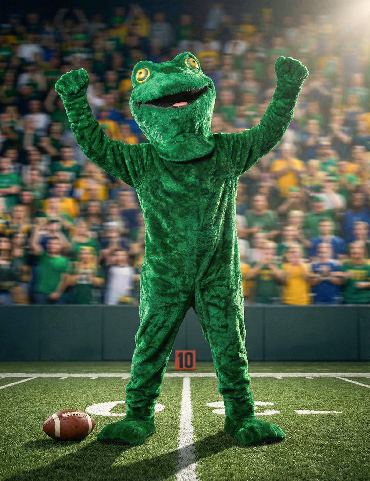 Mise en situation bras levés sur un terrain de football du déguisement mascotte grenouille pour adulte