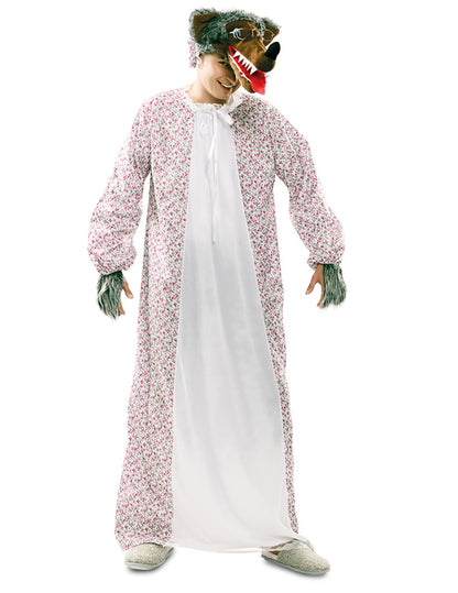 Déguisement de méchant loup grand-mère pour adulte à fleurs roses avec tablier blanc et masque de loup