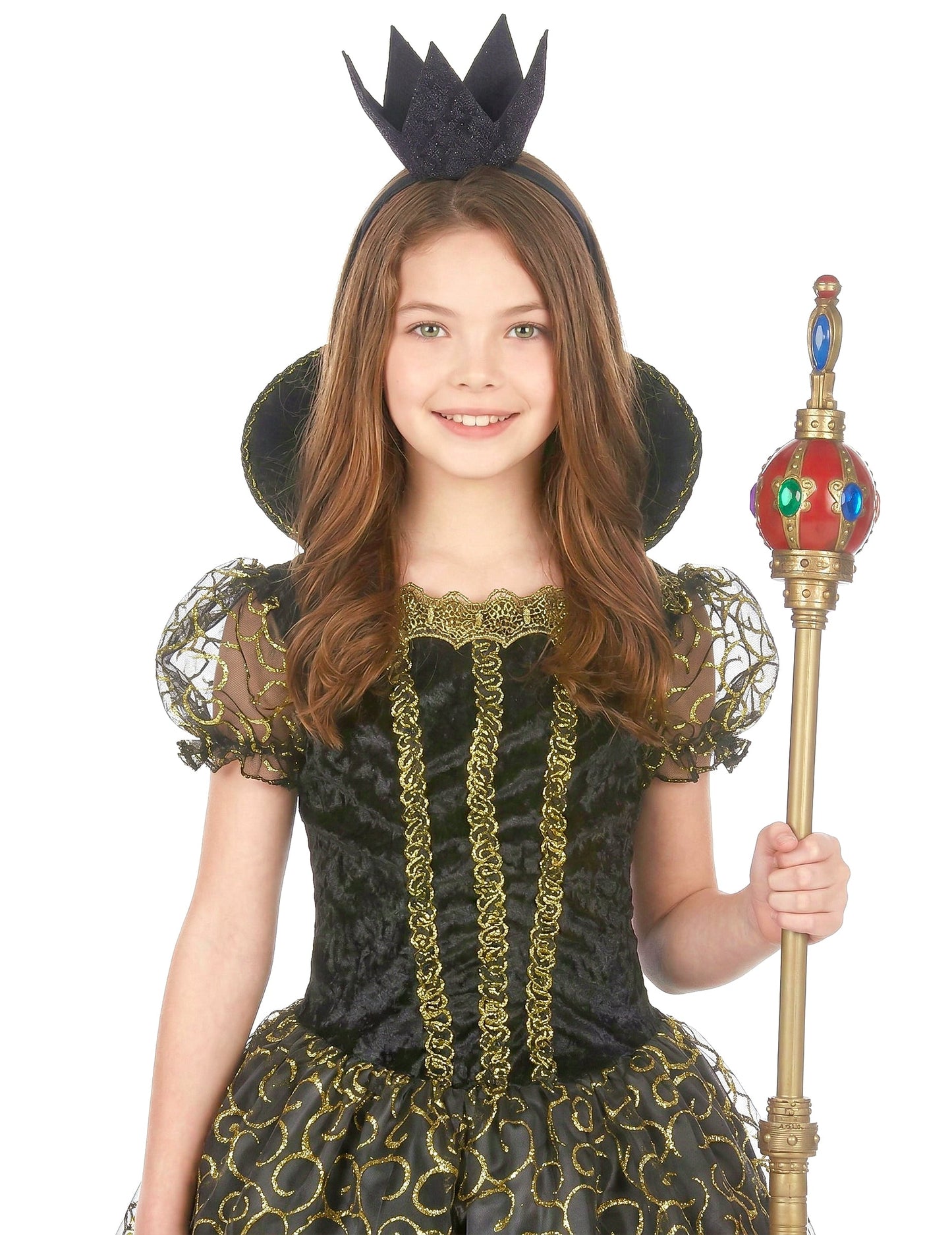 Gros plan sur le buste et les accessoires du déguisement de méchante reine pour fille