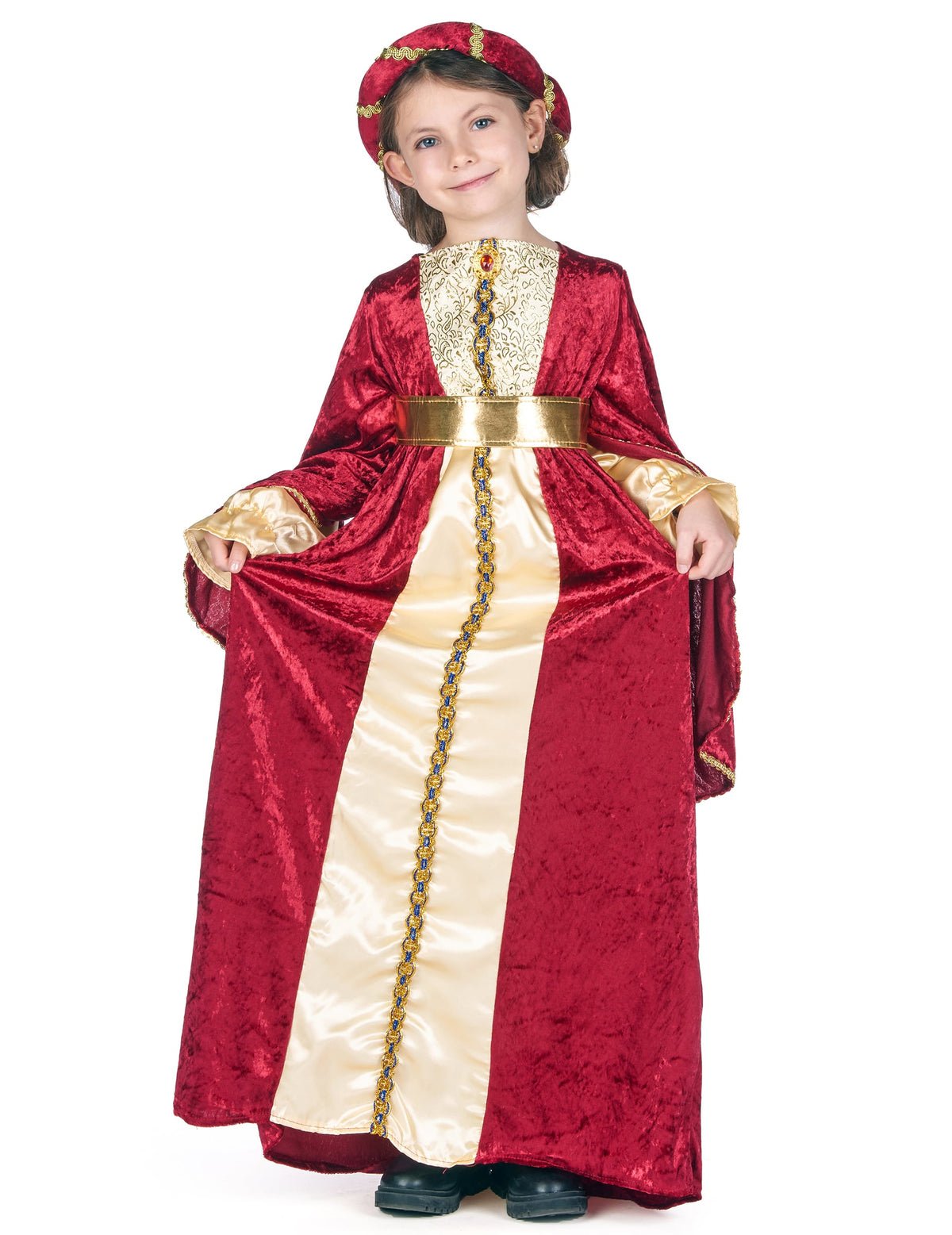 Déguisement de reine médiévale pour fille rouge et or avec coiffe