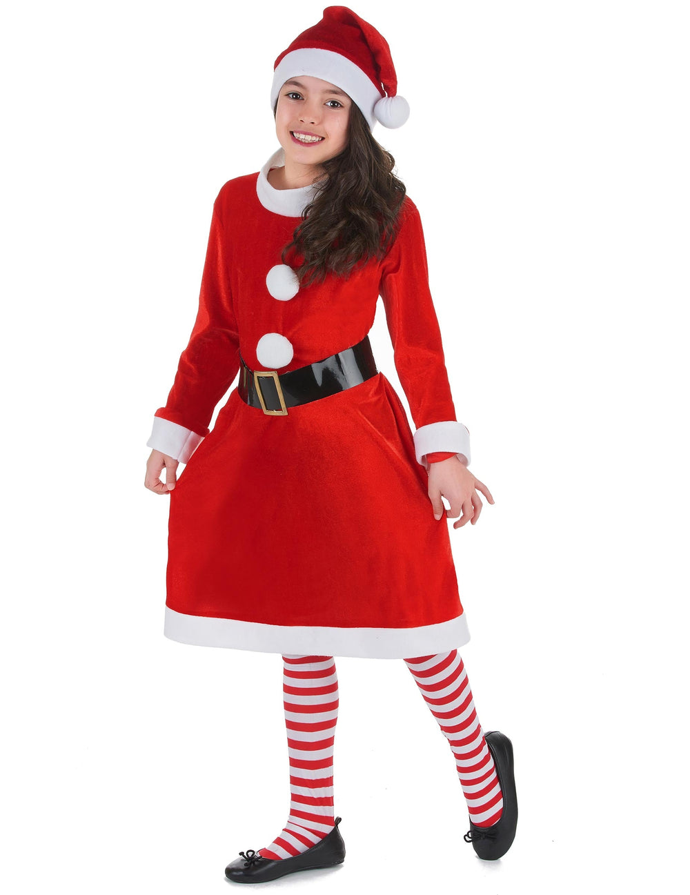 Vue de face avec collants rayés du déguisement Mère Noël