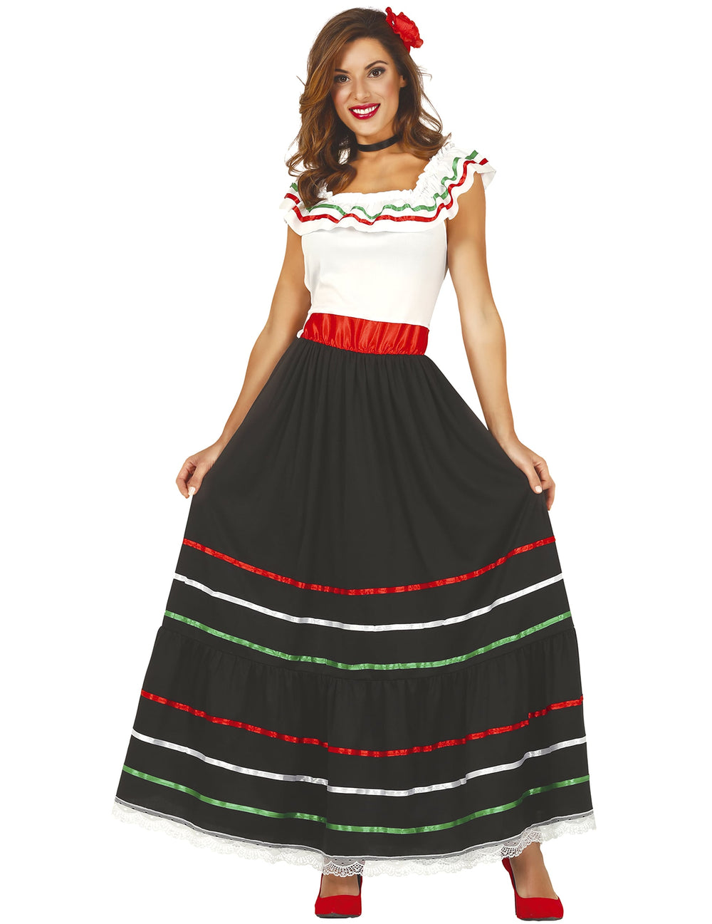 Déguisement de mexicaine longue pour femme noir blanc et rouge avec rubans tricolores