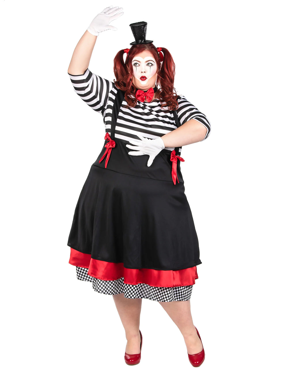 Déguisement de mime pour femme noir et rouge avec haut rayé