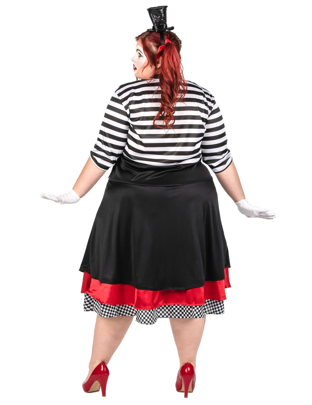 Vue de dos du déguisement de mime pour femme noir et rouge