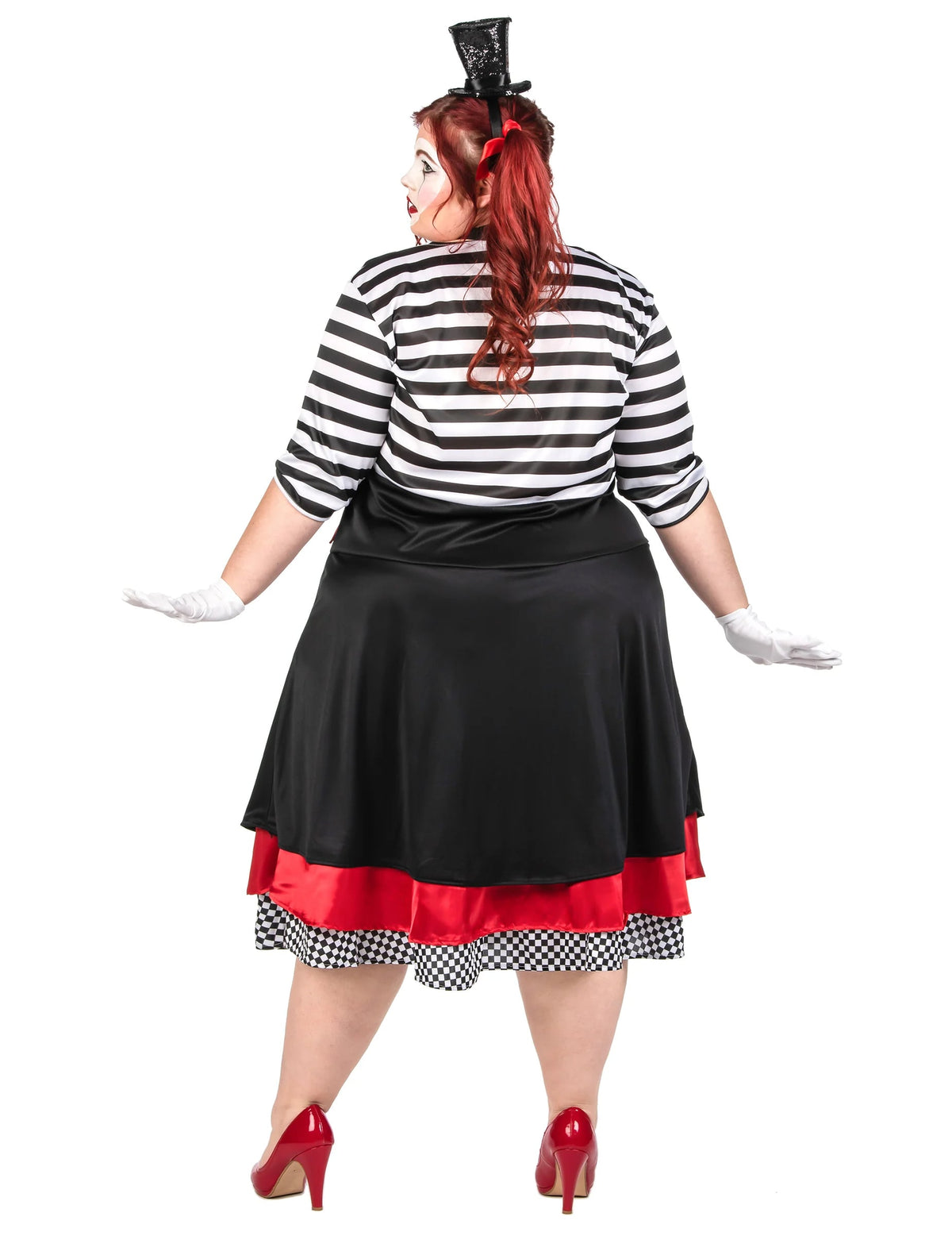 Vue de dos du déguisement de mime pour femme noir et rouge