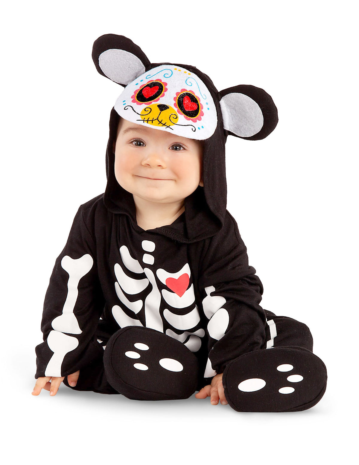 Déguisement mini ours Dia de los muertos pour bébé noir avec motifs squelette et cœur