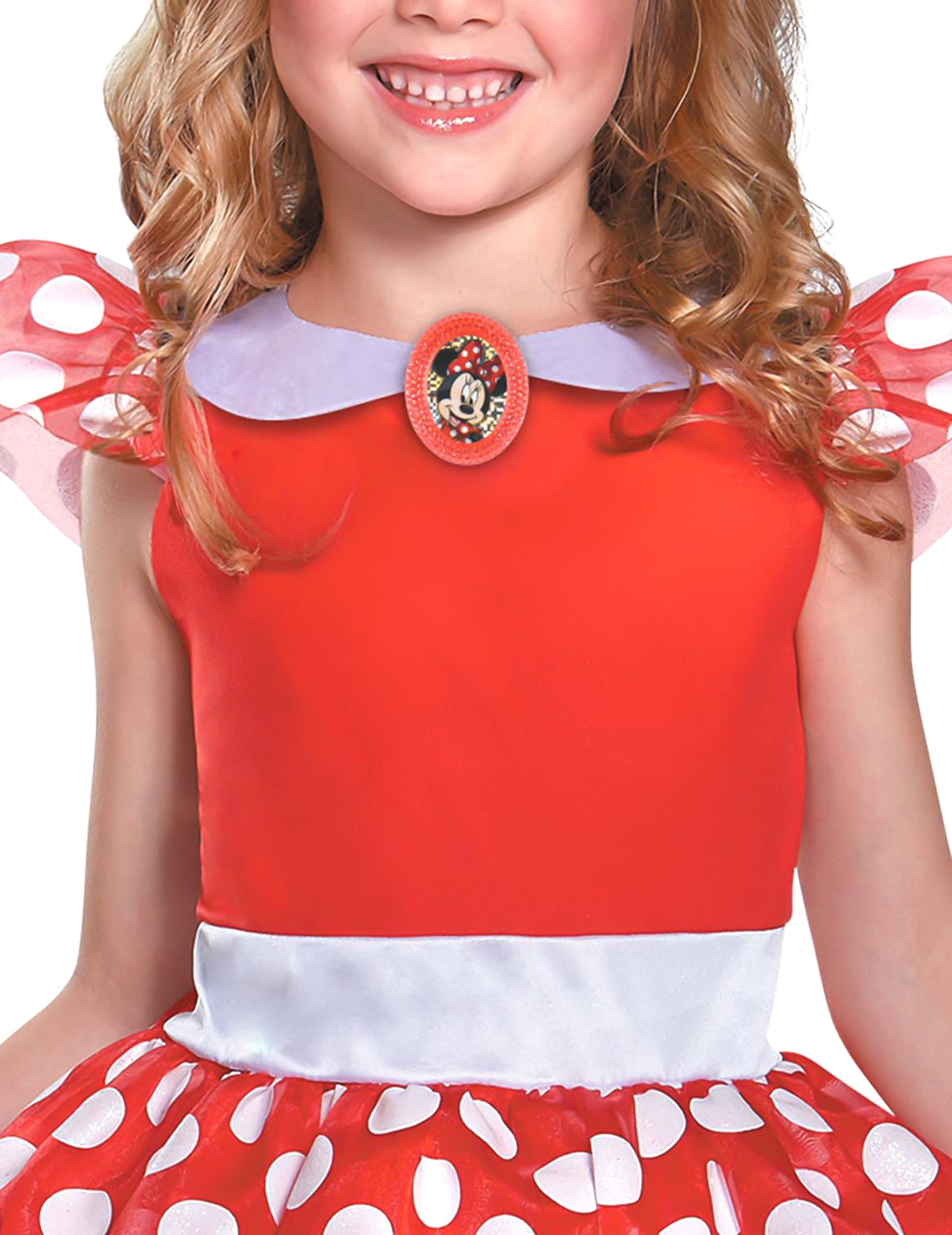 Détail du médaillon et du bustier du déguisement Minnie Mouse