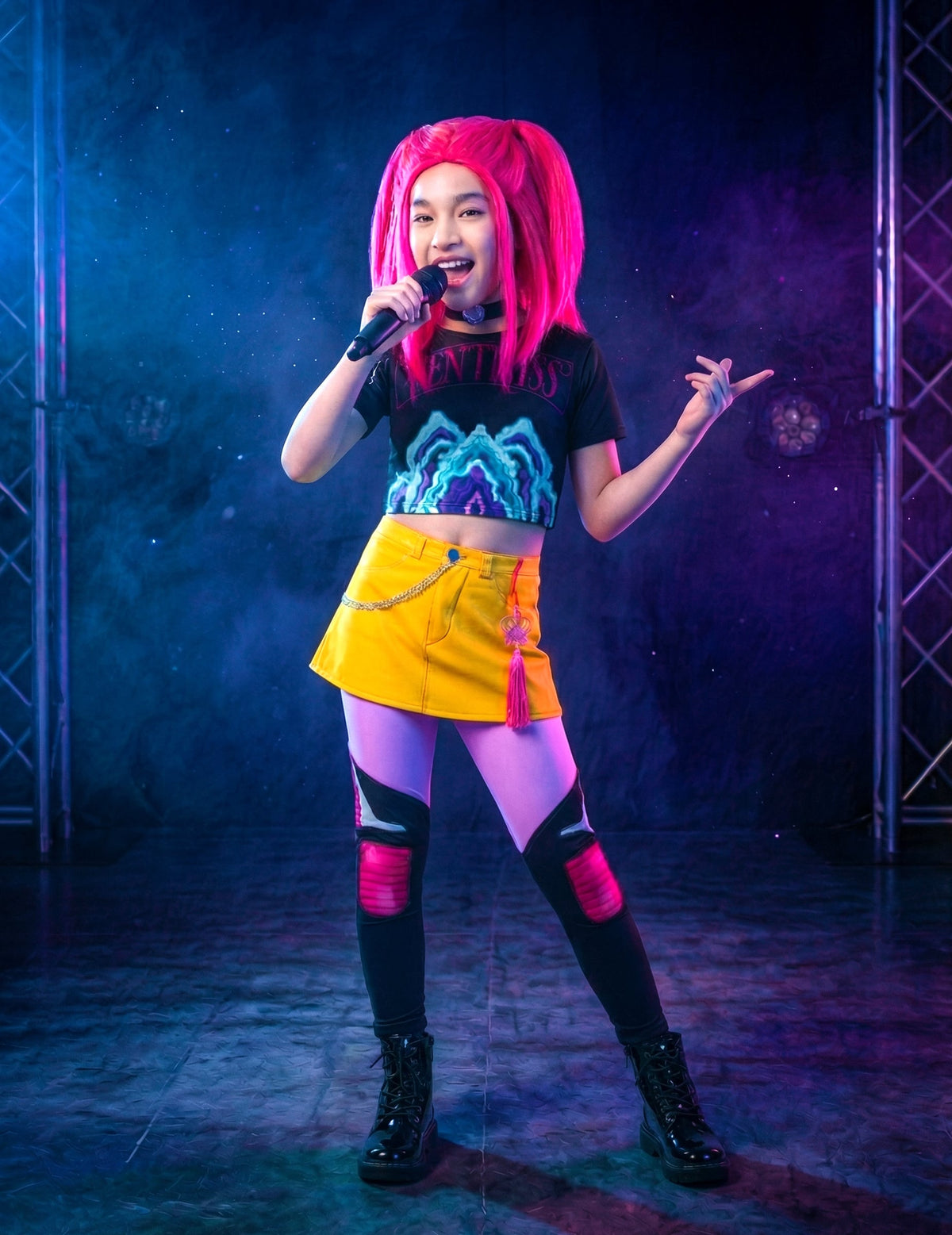 Déguisement Mira Kpop Demon Hunter™ pour fille avec jupe jaune et perruque rose