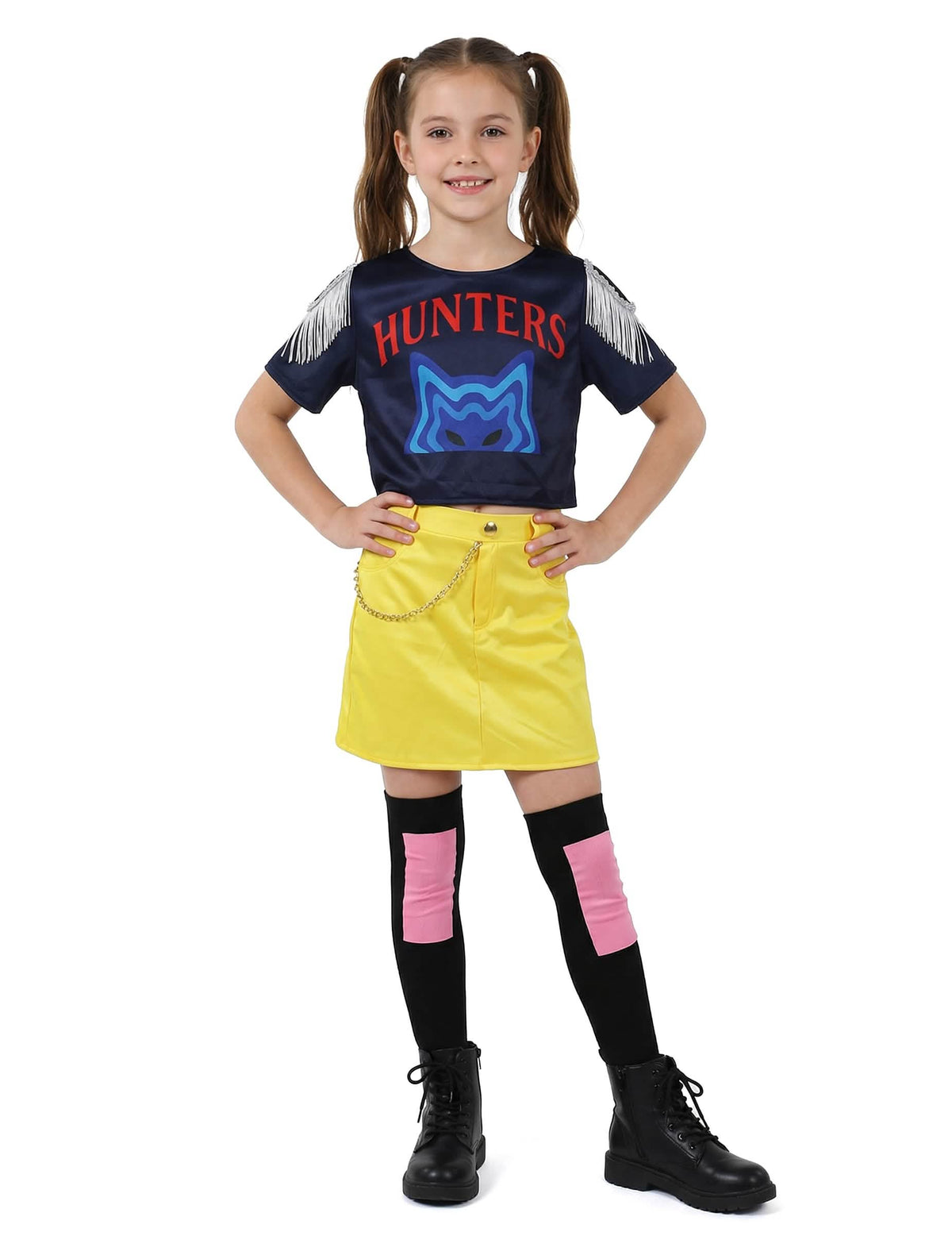 Déguisement miss Kpop pour fille bleu marine et jaune avec jupe et chaussettes montantes