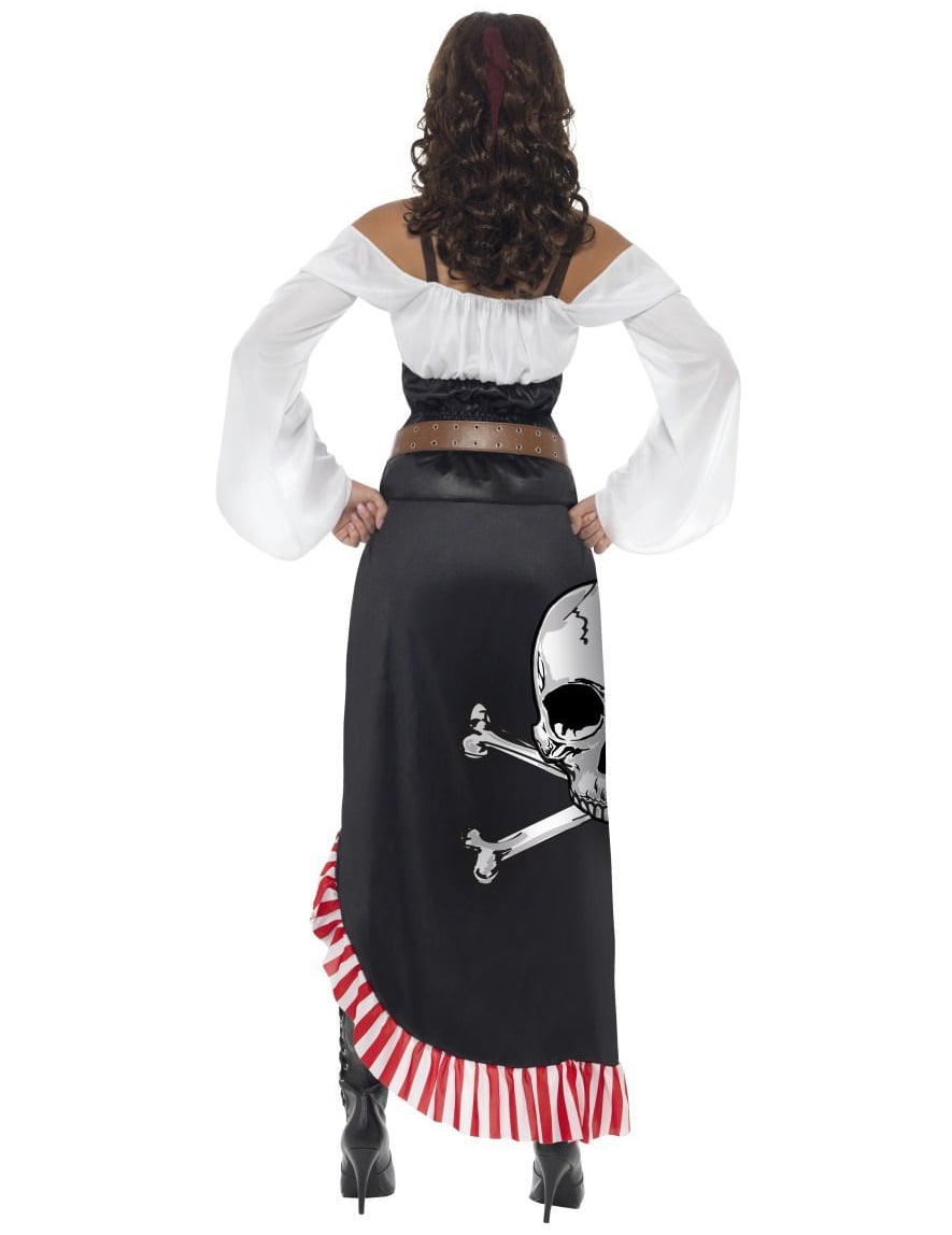 Vue de dos du déguisement miss sexy tête de mort pirate pour femme