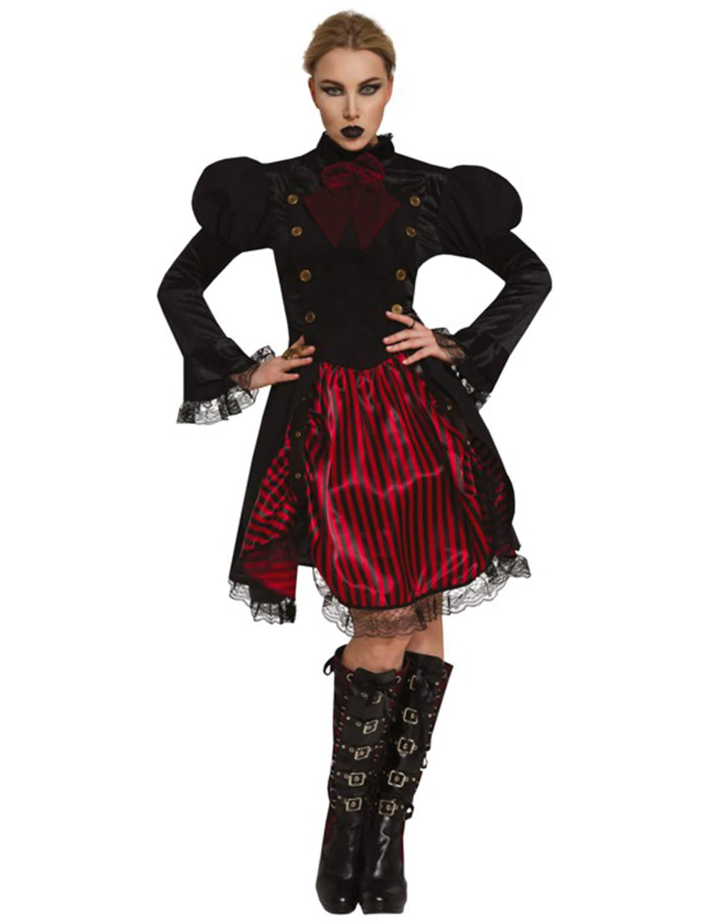 Kostim Miss steampunk za ženu crna i crvena s prugama i čipkom