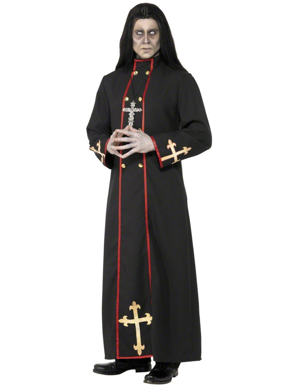 Déguisement moine démoniaque pour homme noir et rouge avec croix dorées