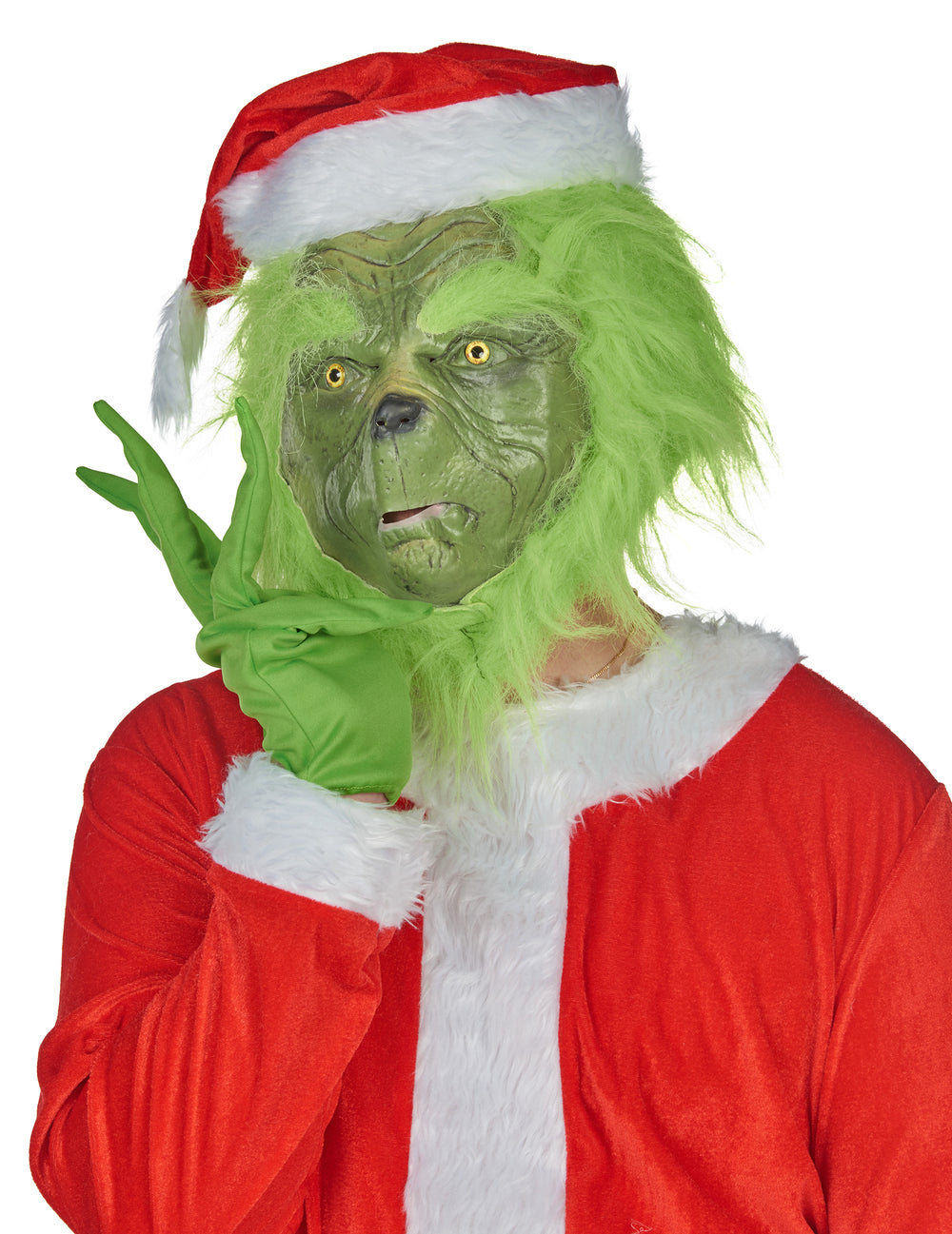 Gros plan sur le masque et le bonnet de Noël du déguisement monstre vert grincheux