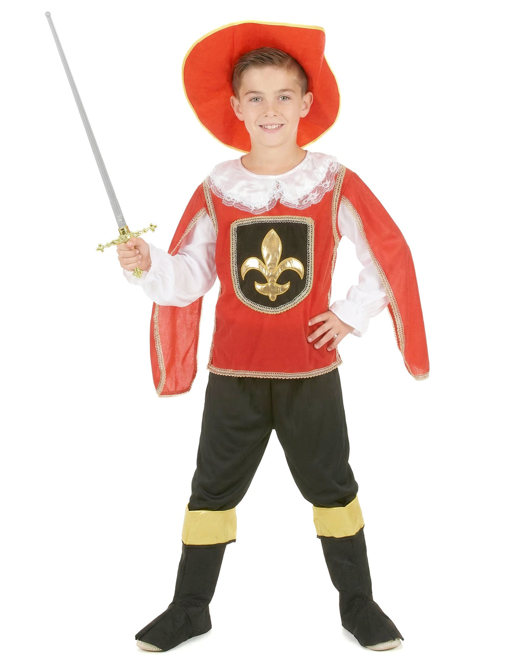 Déguisement de mousquetaire pour garçon rouge et noir avec chapeau et fleur de lys dorée