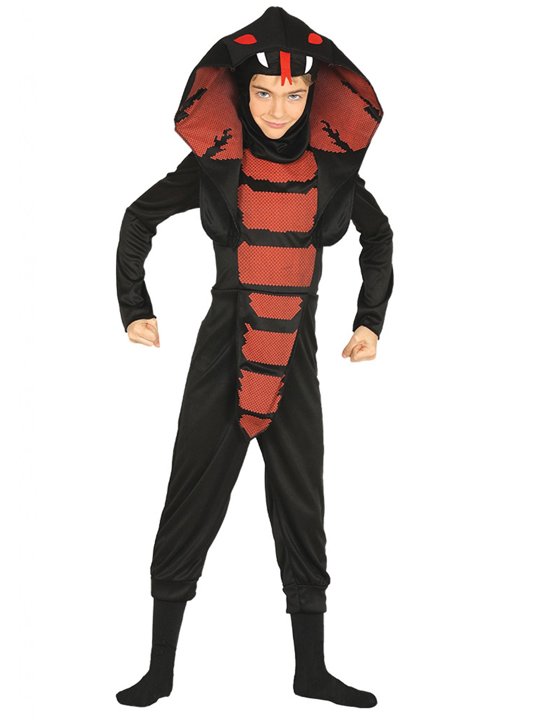 Déguisement de ninja cobra pour garçon noir et rouge avec capuche serpent