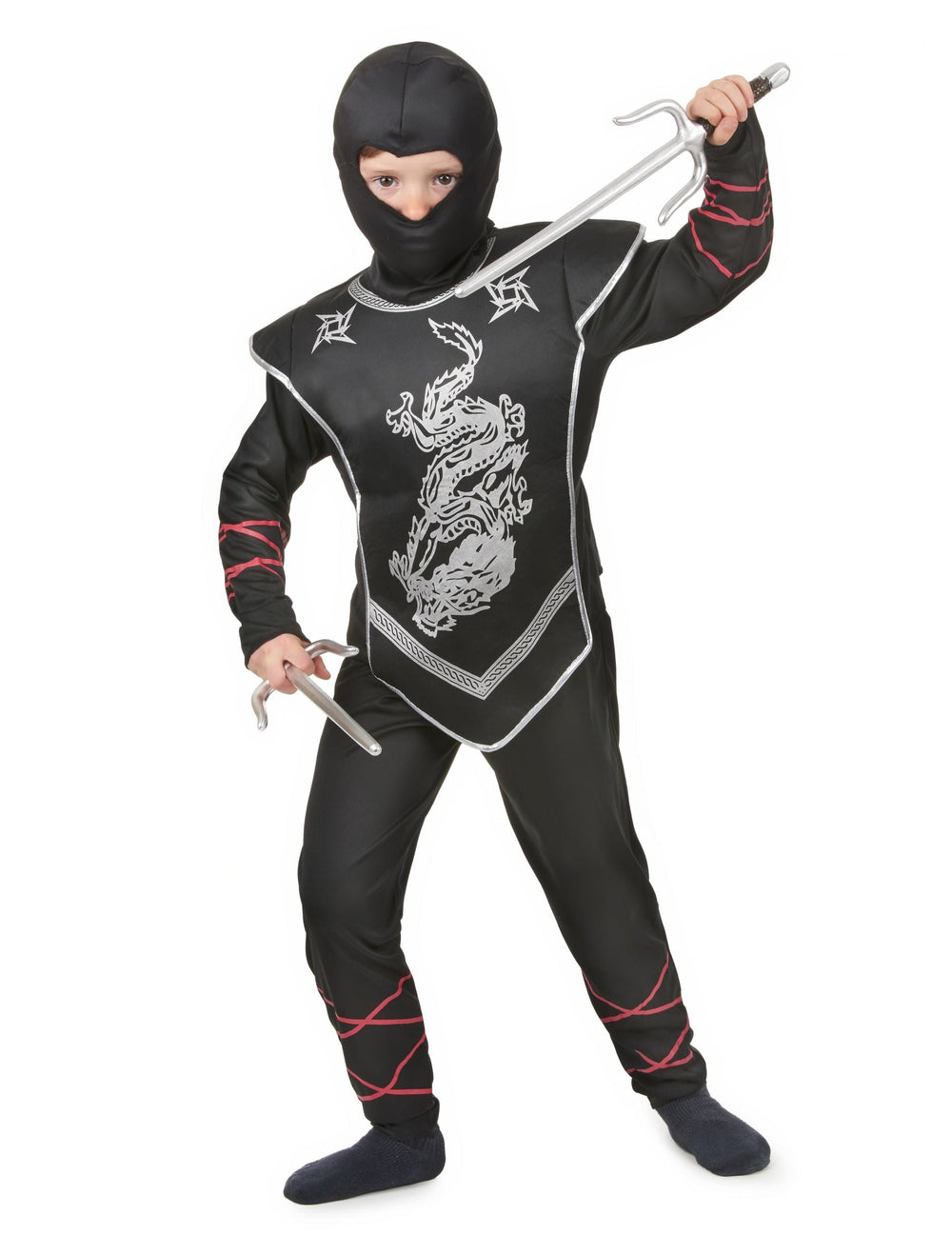 Déguisement ninja dragon argenté pour garçon noir avec cagoule et détails rouges