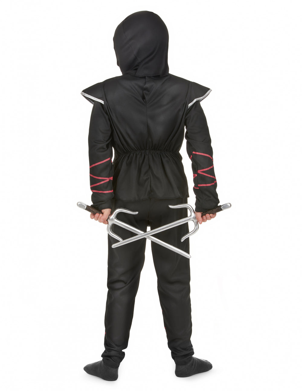 Vue de dos avec accessoires du déguisement ninja dragon argenté