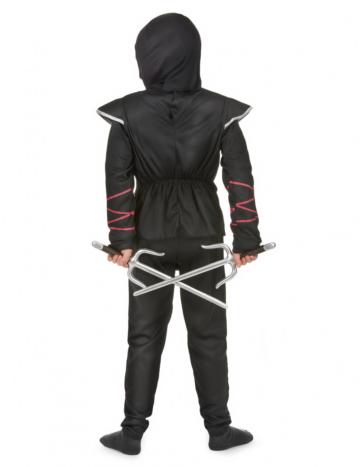 Vue de dos avec accessoires du déguisement ninja dragon argenté