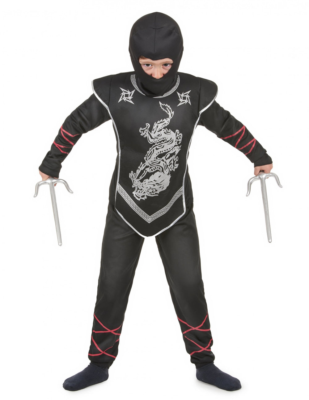 Déguisement ninja dragon argenté pour garçon noir et argent avec rubans rouges