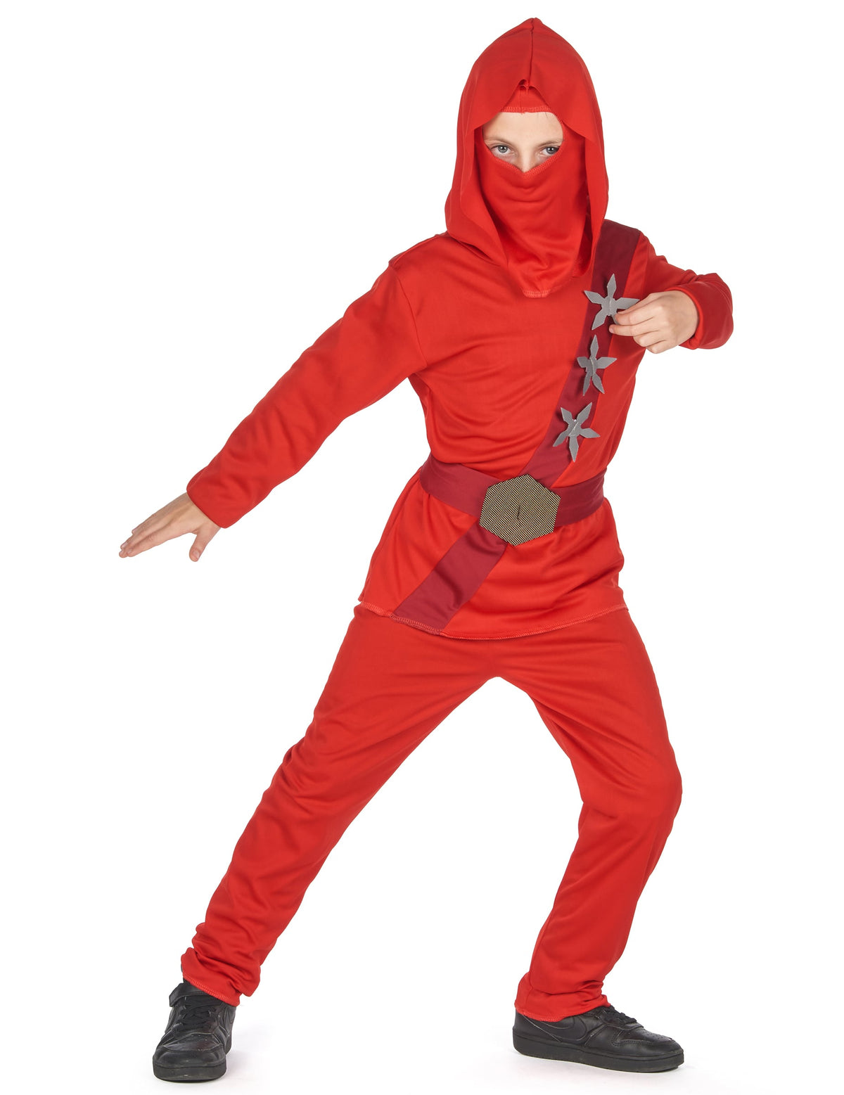 Vue de face en action du déguisement ninja pour garçon