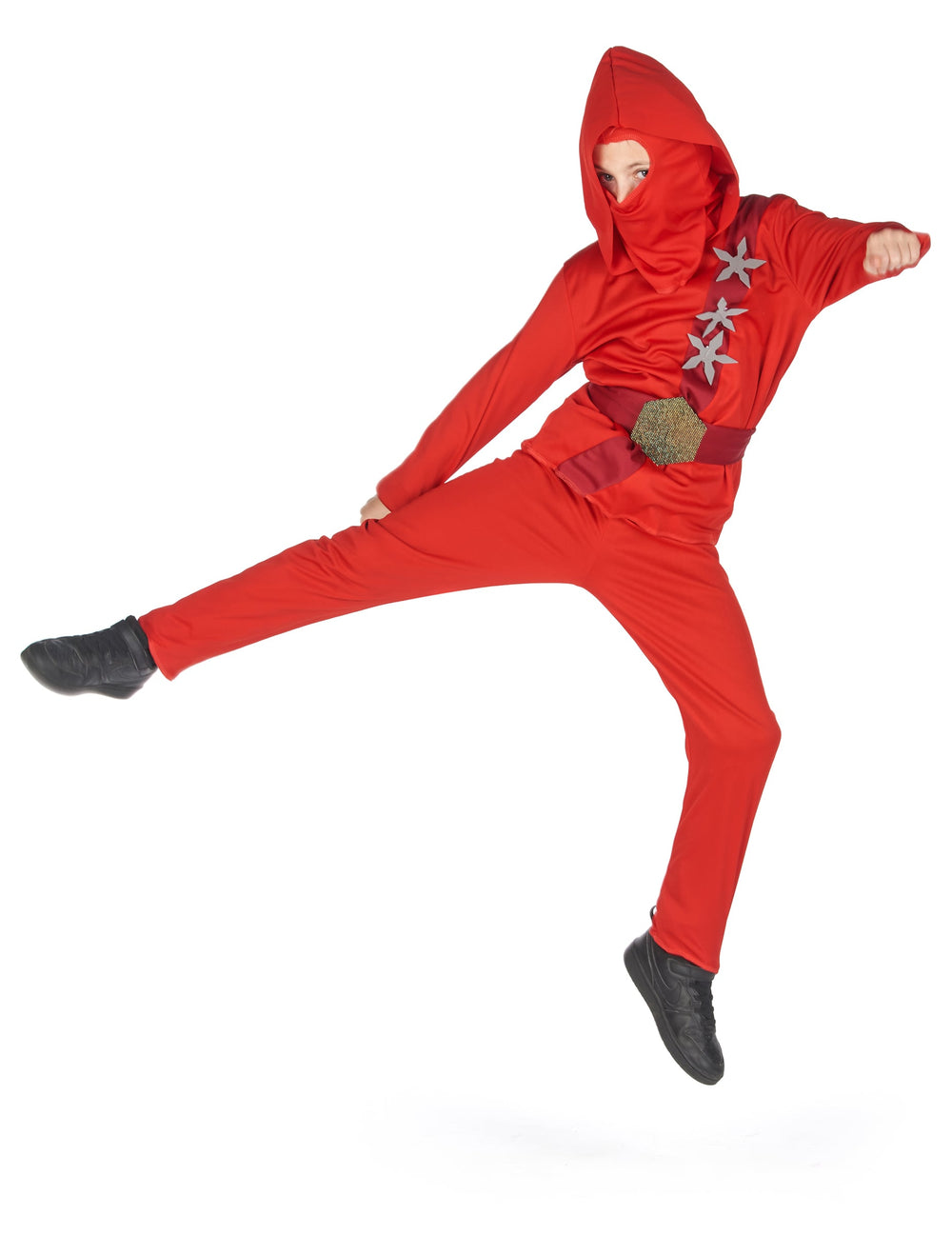 Vue en plein saut du déguisement ninja pour garçon