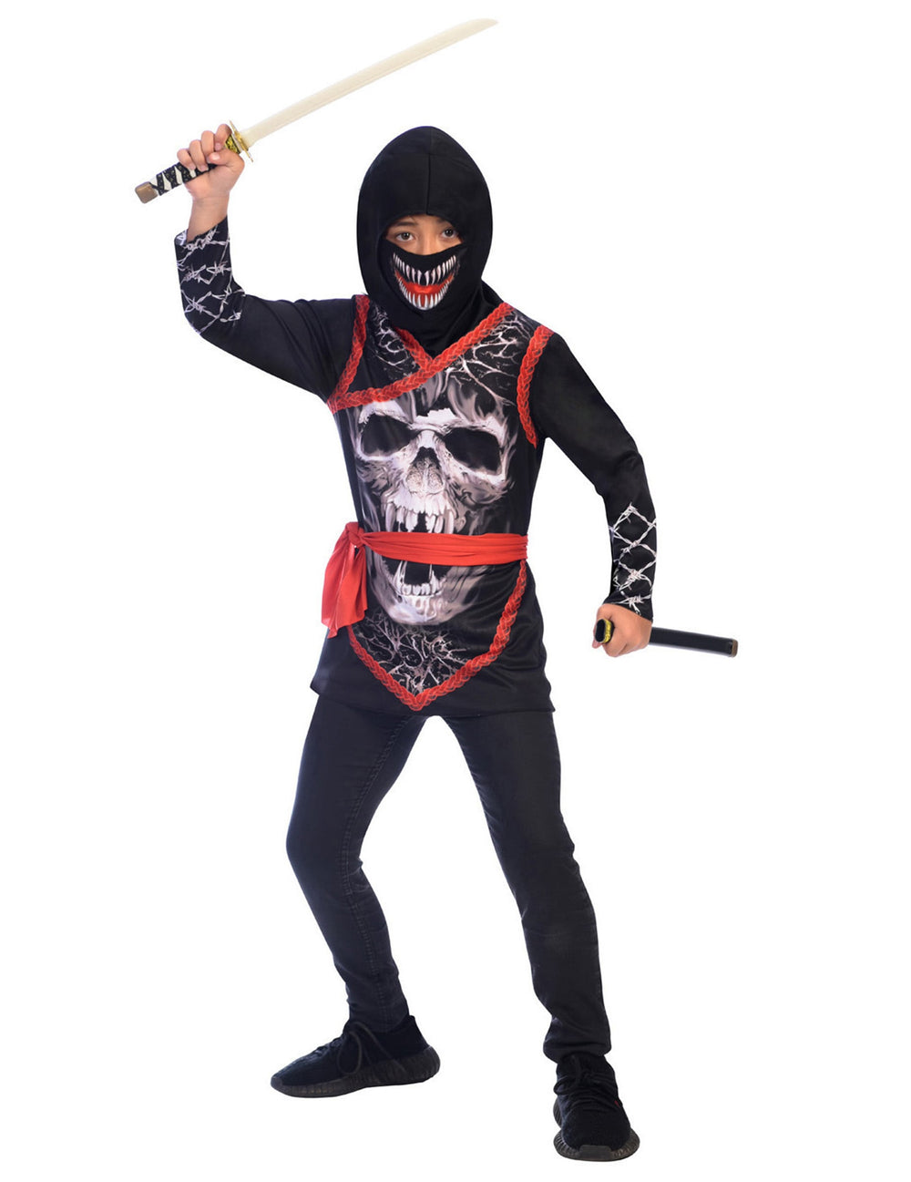 Déguisement de ninja tête de mort pour enfant noir et rouge avec imprimé squelette