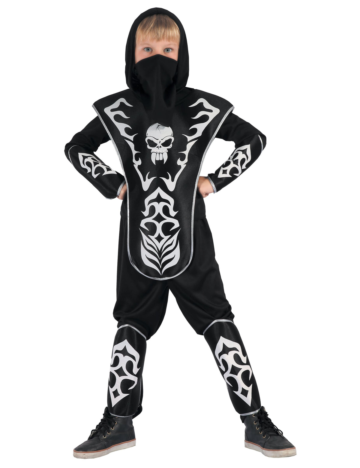Déguisement ninja tête de mort pour garçon noir avec motifs argentés