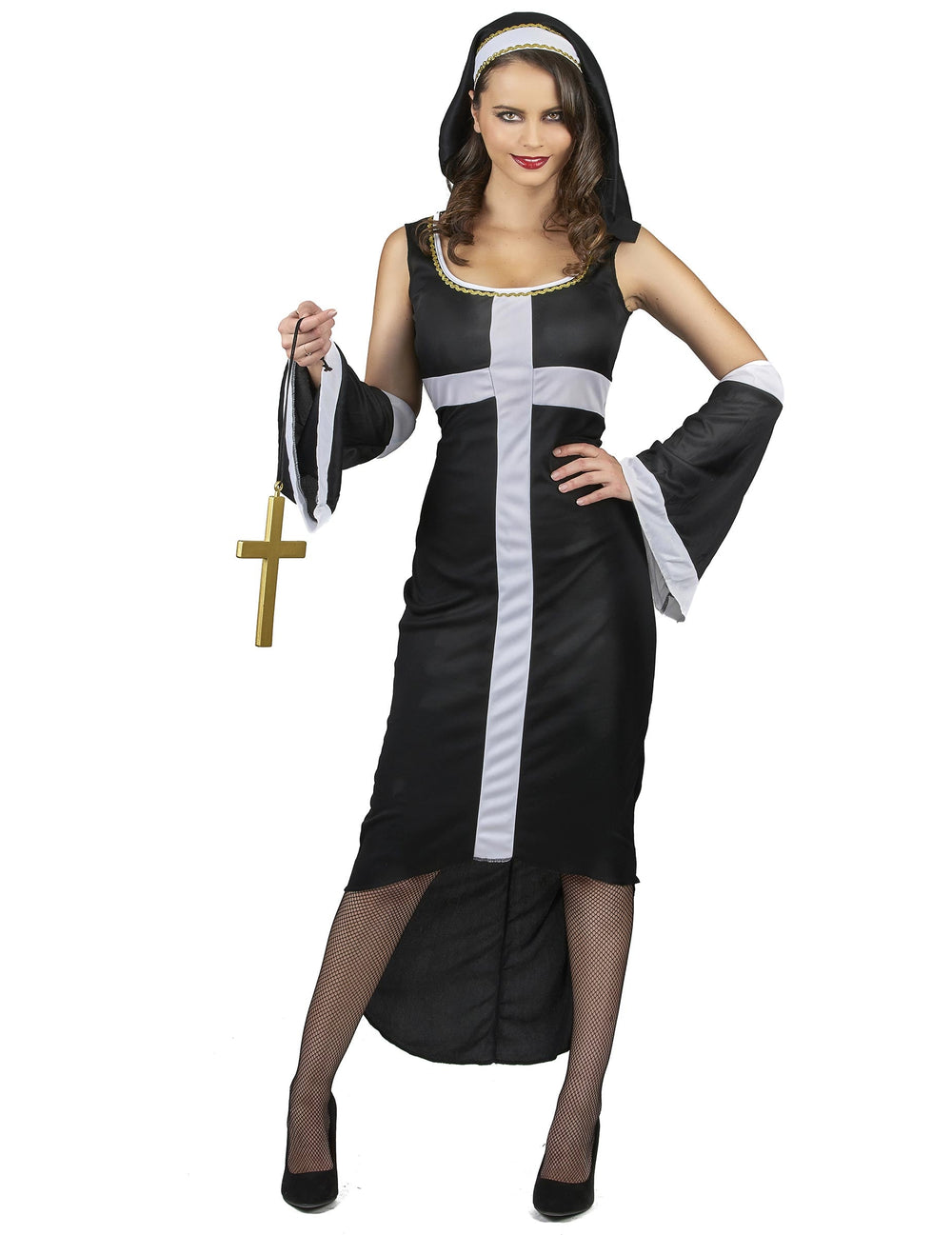 Déguisement nonne sexy croix blanche pour femme noir et blanc avec voile