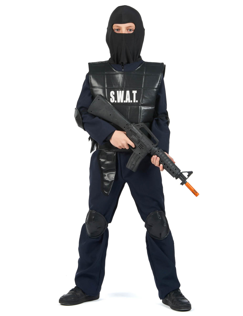 Prednji prikaz s kapuljačom i lažnim oružjem kostima SWAT časnika