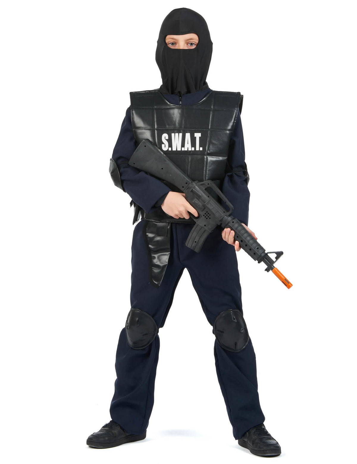 Prednji prikaz s kapuljačom i lažnim oružjem kostima SWAT časnika