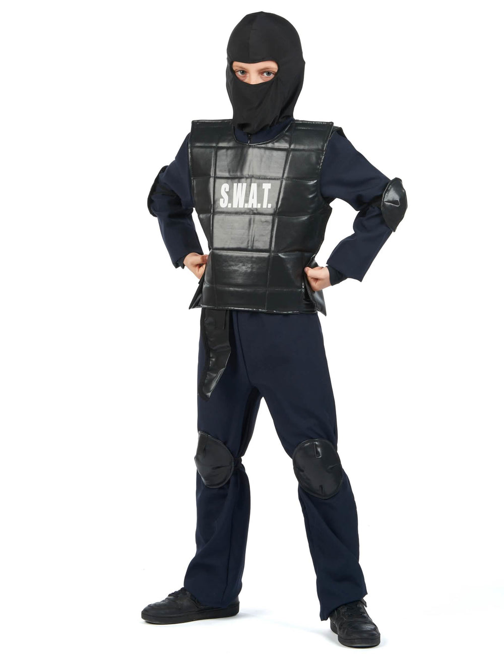 Prednji prikaz s prsnim oklopom i štitnicima za koljena SWAT policajca za kostim.