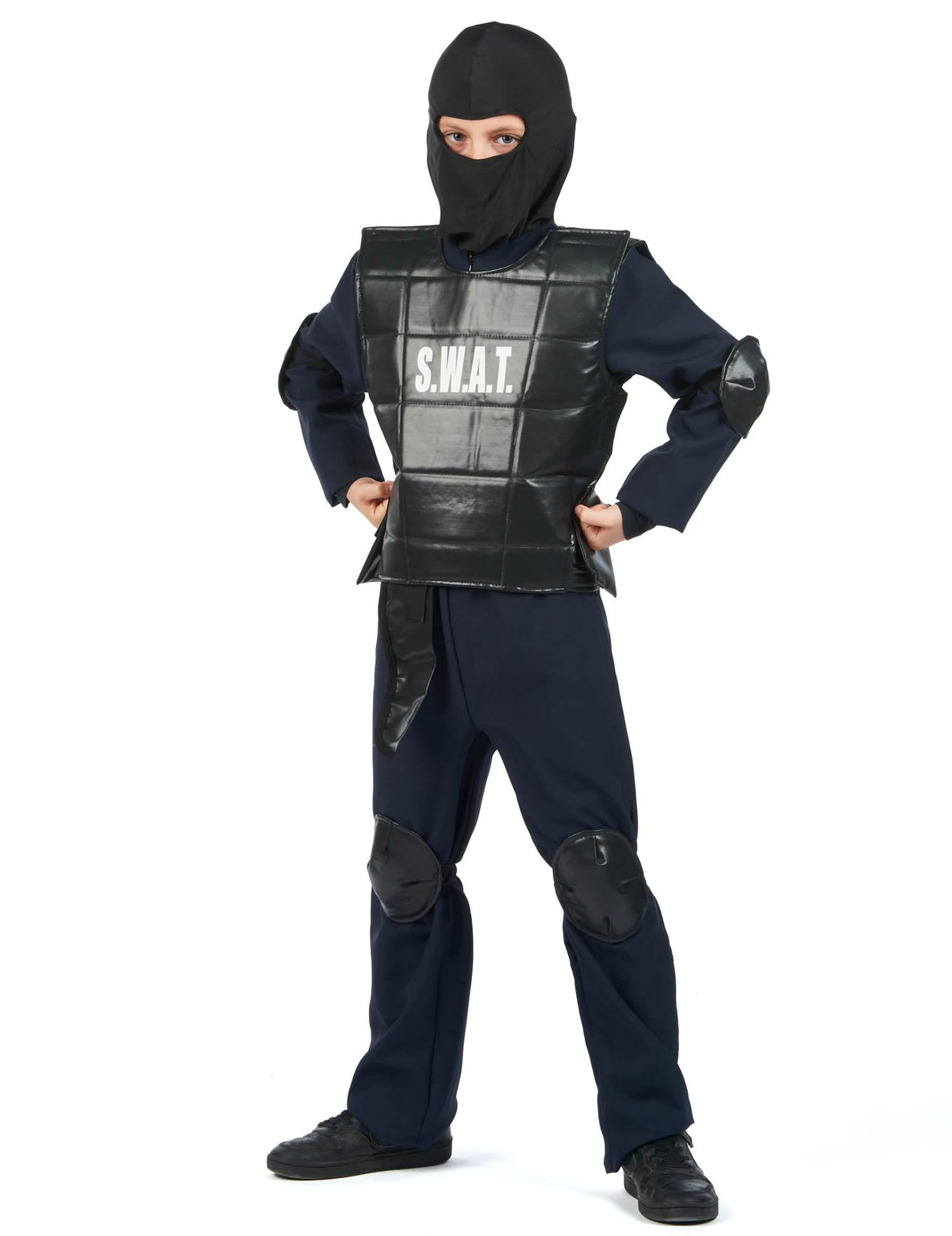 Prednji prikaz s prsnim oklopom i štitnicima za koljena SWAT policajca za kostim.