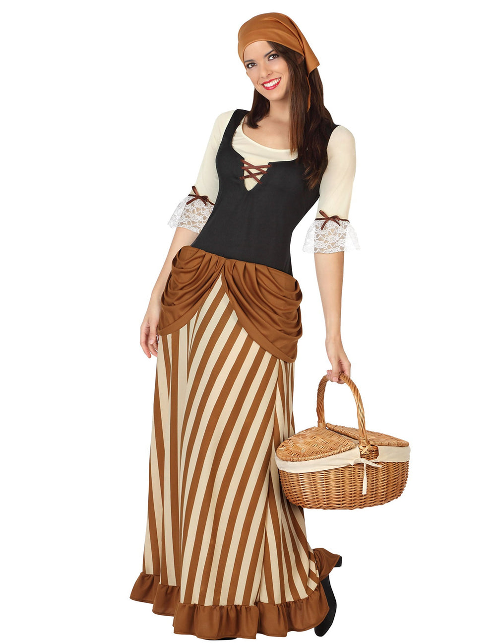 Déguisement de paysanne pour femme marron et beige à rayures avec bustier noir