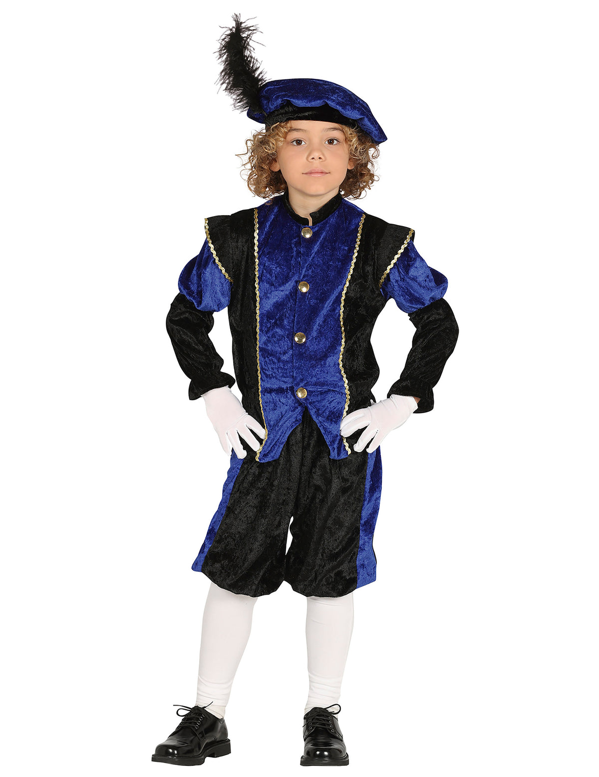 Déguisement père fouettard pour enfant bleu et noir avec chapeau à plume