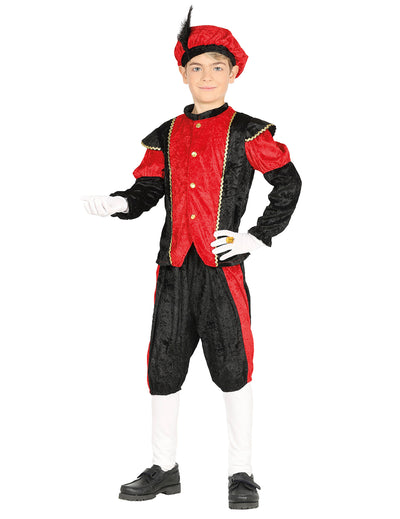 Déguisement de père fouettard pour enfant rouge et noir avec chapeau à plume