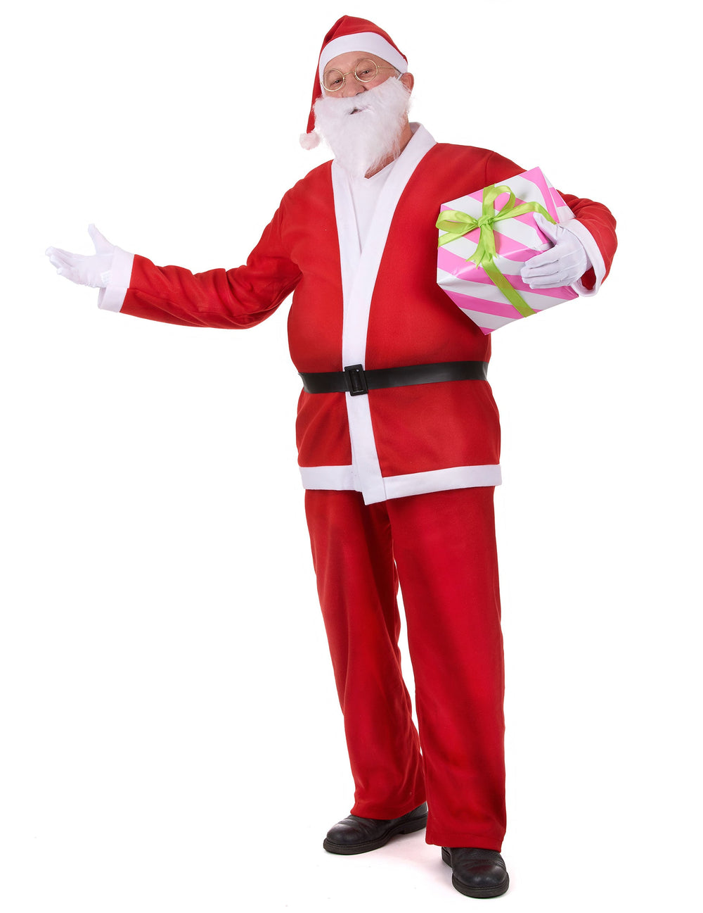 Vue de face avec cadeau du déguisement de Père Noël pour adulte