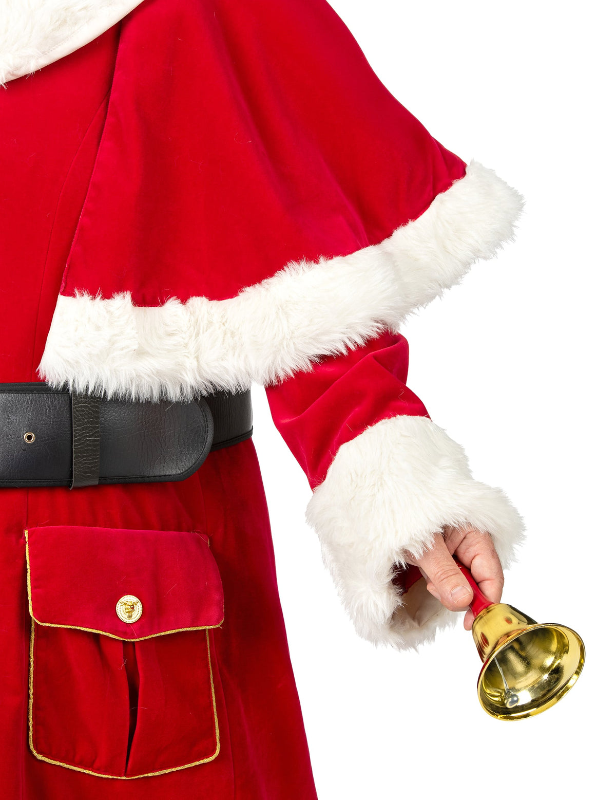 Clochette dorée tenue à la main du déguisement de Père Noël Haut de Gamme pour adulte