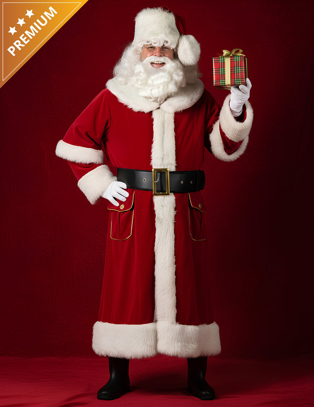 Déguisement de Père Noël Haut de Gamme pour adulte rouge et blanc en velours avec barbe et chapeau