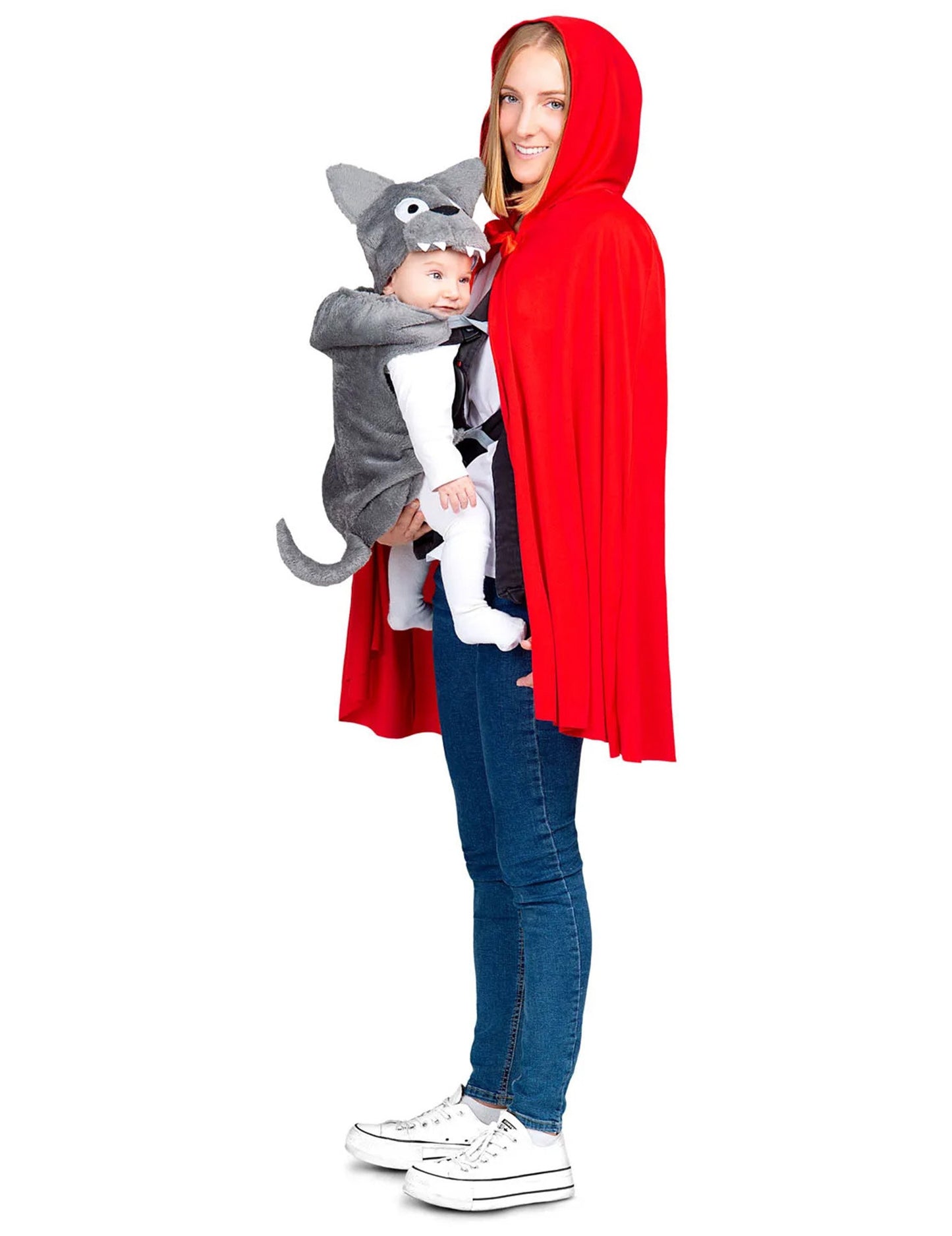 Mala crvena kapuljača za jahanje i nosač za bebe vuka