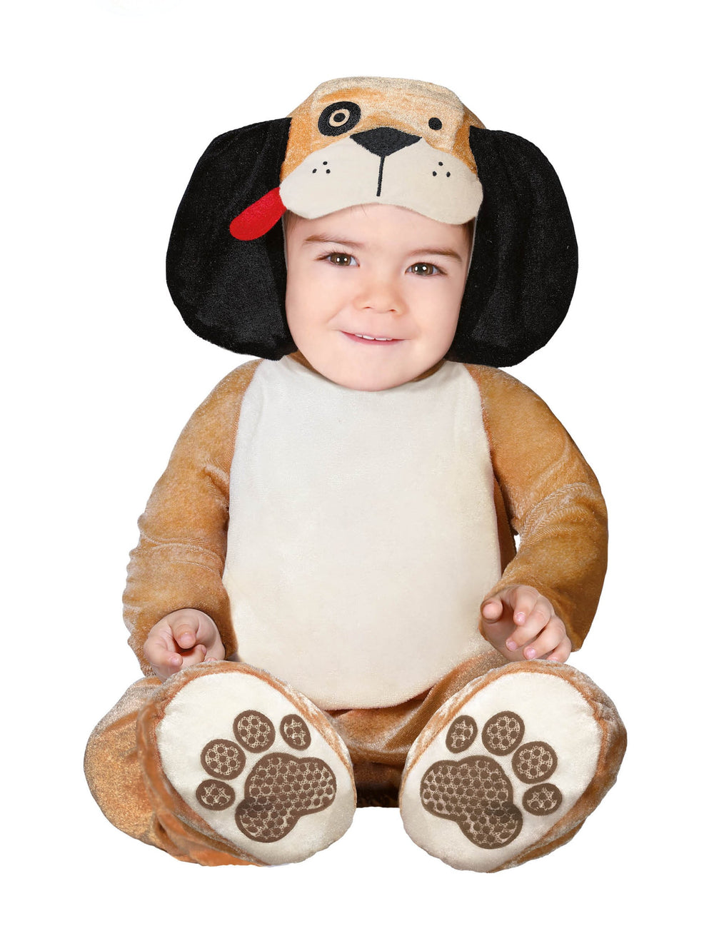 Déguisement de petit chien pour bébé marron et blanc avec oreilles noires