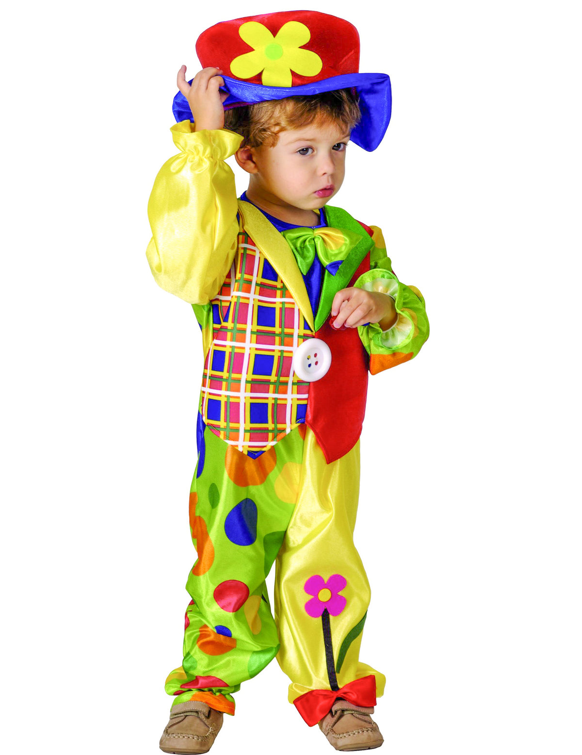 Déguisement de petit clown pour garçon multicolore avec gilet à carreaux et chapeau à fleur