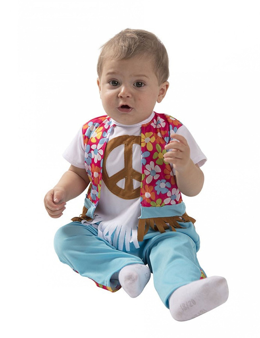Déguisement hippie pour bébé avec gilet à fleurs et pantalon bleu