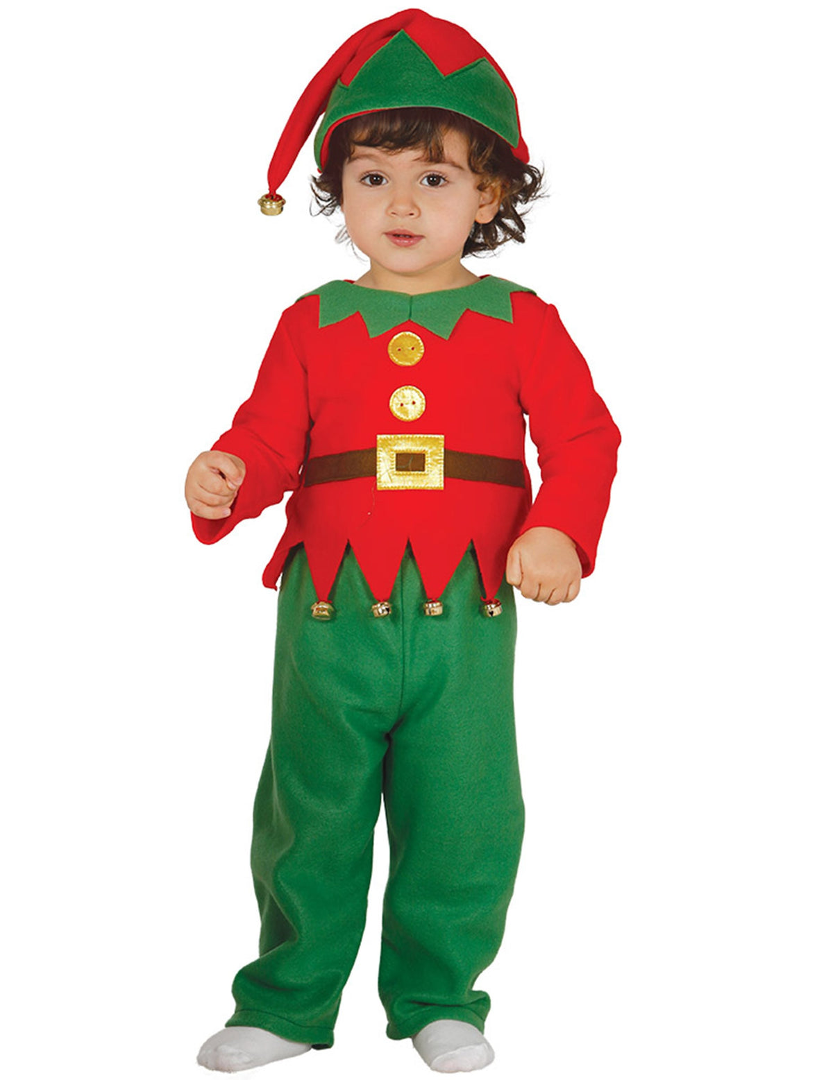 Déguisement de lutin de Noël pour bébé rouge et vert avec bonnet à grelot