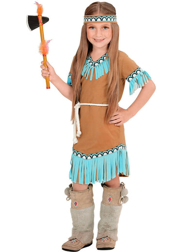 Déguisement petite indienne pour fille marron et bleue avec franges