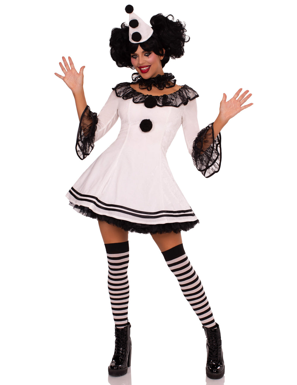 Vue en pied du déguisement de pierrot sexy pour femme