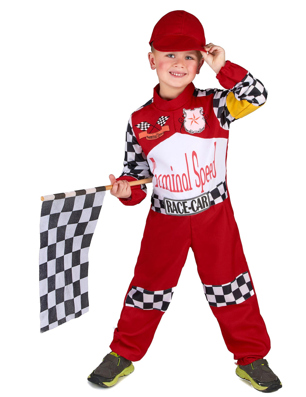 Déguisement pilote de course pour enfant rouge avec détails à damier et casquette
