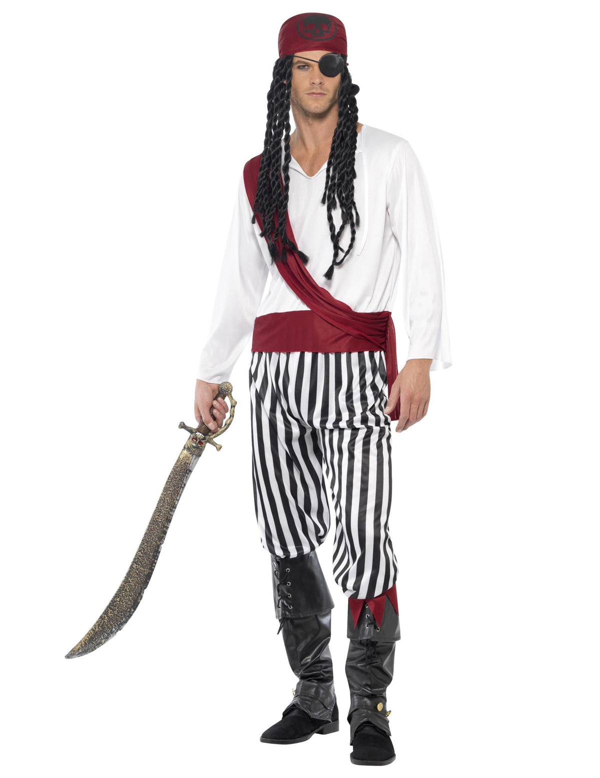 Vue d'ensemble avec sabre du déguisement pirate avec bandana rouge